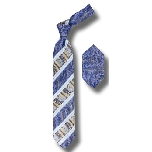 Steven Land "Big Underknot" BWU646 Blue / Gold Artistic Design 100% Woven Silk Necktie / Hanky Set